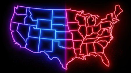 Vibrant neon outline of the United States showcased with a striking blue and pink glow. Ideal for digital art, travel themes, and modern designs.の素材