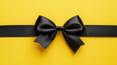 Elegant black satin bow positioned on a smooth yellow background, perfect for gift decoration or branding projects. Ideal for festive themes and celebrations.の素材