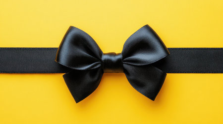 A striking black bow rests on a bright yellow background, perfect for gift wrapping or decorative uses. This elegant design adds a festive touch to presents and celebrations.の素材