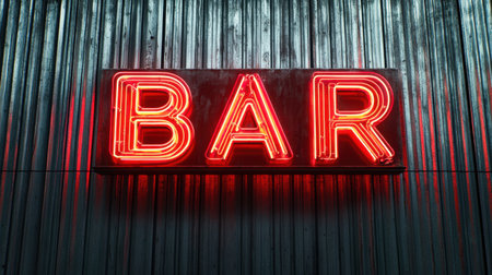 A vibrant neon bar sign glowing brightly against a textured metal background. Perfect for capturing nightlife and urban entertainment themes in photography.の素材