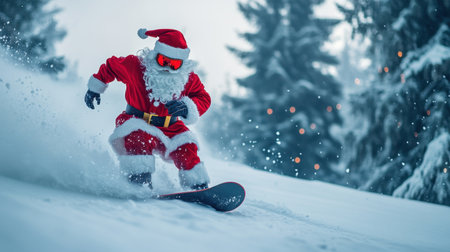 A whimsical scene depicting Santa Claus snowboarding down a snowy slope, radiating holiday joy and festive spirit in a stunning winter landscape.の素材
