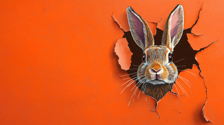 A captivating illustration of a rabbit peeking through a cracked wall. The bright orange background enhances the playful and vibrant nature of this art piece.の素材