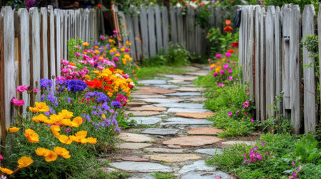 A charming stone pathway is beautifully lined with vibrant flowers, enclosed by a rustic wooden fence. Ideal for showcasing serene outdoor settings.の素材