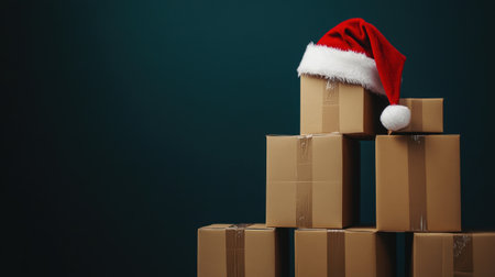 A stack of cardboard delivery boxes topped with a red Santa hat creates a festive atmosphere. Perfect for holiday promotions and seasonal events.の素材