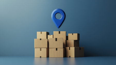 This image features a delivery concept with stacked boxes and a blue location pin. It represents logistics, shipping, and online commerce in a modern design.の素材