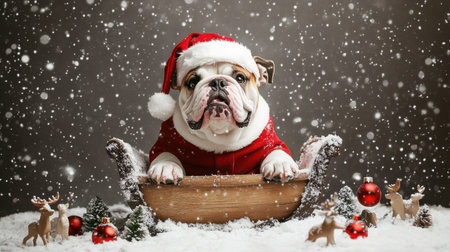 An adorable bulldog wearing a Santa hat sits in a festive setting, surrounded by snow, decorations, and a cozy atmosphere, capturing the joy of the holidays.の素材