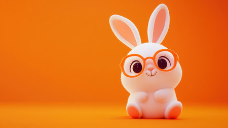 This charming cartoon rabbit wearing glasses sits against a bright orange backdrop. Perfect for children's themes, illustrations, or fun designs.の素材