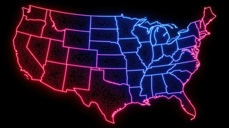 Bright neon outline of the United States map, featuring striking blue and pink colors. Ideal for digital art and modern graphic design projects.の素材