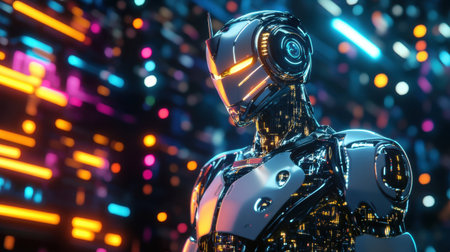 A stunning futuristic robot stands in a vibrant neon environment, showcasing intricate designs and glowing details that highlight innovation in technology and art.の素材