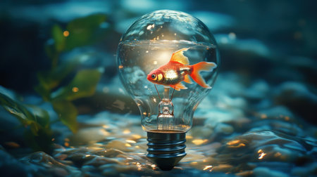 A captivating underwater scene featuring a goldfish swimming inside a transparent light bulb, creating a unique blend of nature and illumination. This surreal artwork evokes creativity and tranquility.の素材