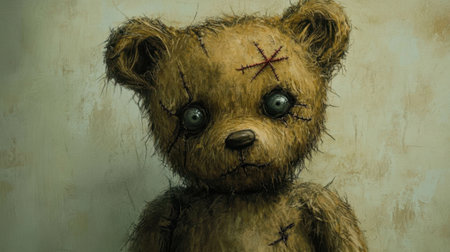 A unique vintage teddy bear featuring stitched details and button eyes. This artistic representation evokes emotions of nostalgia and warmth in a captivating way.の素材