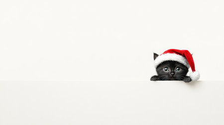 Adorable black cat wearing a Santa hat peeks over a plain white surface, capturing the festive spirit of the holiday season with a charming expression.の素材