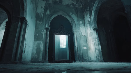 An intriguing scene in an abandoned room features a captivating mirror reflecting light and shadows, enhancing the eerie ambiance of the space.の素材