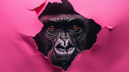 A striking image of a gorilla's face peeking through a bright pink background, creating a captivating contrast. This artwork symbolizes curiosity and strength, perfect for diverse creative projects.の素材