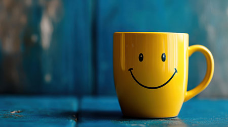 A vibrant yellow mug featuring a smiley face sits on a blue wooden table. This cheerful image captures joy and positivity, ideal for promoting happiness and warmth.の素材