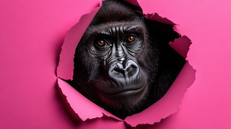 A powerful gorilla face emerges through a torn pink wall, showcasing intense expression and texture. The vivid color contrasts with the creature's strong features.の素材