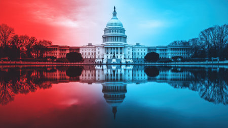 Stunning reflection of the Capitol Building with vibrant red and blue tones, creating a striking and peaceful atmosphere in this iconic setting.の素材