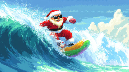 A whimsical illustration of Santa Claus surfing on vibrant ocean waves. This festive scene brings holiday cheer to beach adventures under sunny skies.の素材