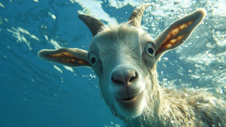 A delightful underwater portrait of a goat exhibiting curiosity and charm in clear blue water. The playful expression captures the essence of wildlife adventure.の素材