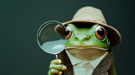 A whimsical close-up of a curious frog wearing a hat and holding a magnifying glass, perfect for concepts of investigation, nature, and playful exploration.の素材