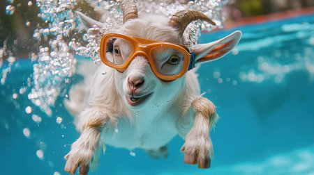 A cheerful goat wearing stylish orange sunglasses enjoys a playful swim underwater. The scene captures the joy and silliness of this unique moment, filled with bubbles and vibrant colors.の素材