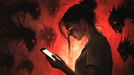 A captivating dark fantasy artwork featuring a woman looking at her phone amid haunting shadows. The eerie red light creates a tense, mysterious aura.の素材