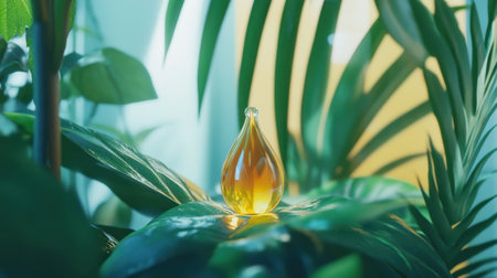 A stunning golden droplet resting on lush green leaves creates a vivid composition, symbolizing nature's beauty and purity amidst tropical surroundings.の素材