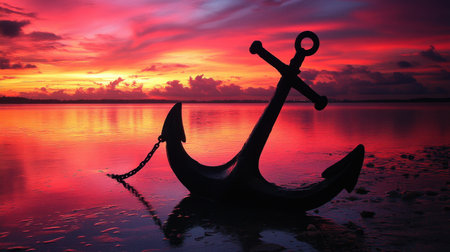 A stunning sunset illuminates the sky with vibrant colors, casting a peaceful ambiance over calm waters. An anchor silhouette adds contrast and a nautical touch.の素材