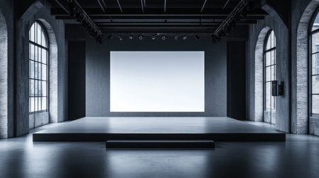 A modern empty stage featuring a large screen, ideal for presentations and events. The sleek design and minimalist aesthetic create a professional atmosphere perfect for various occasions.の素材