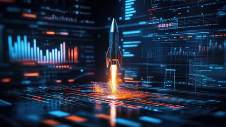 This image depicts a futuristic rocket launching amidst vibrant digital data visualizations. It symbolizes innovation and the merger of technology with space exploration.の素材