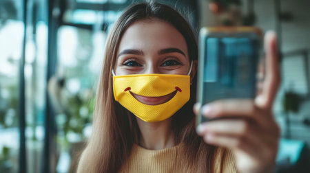 A cheerful young woman wearing a bright yellow smile mask holds a smartphone, showcasing happiness and positivity in a cozy indoor setting.の素材