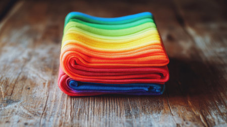 A vibrant stack of soft fabric showcasing a rainbow of colors placed on a rustic wooden surface, highlighting texture and warmth in a cozy atmosphere.の素材