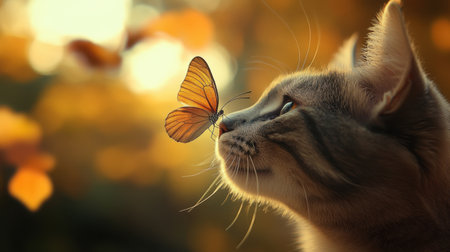 A serene moment captured as a curious cat observes a delicate butterfly in soft autumn light, highlighting the beauty of nature and interaction.の素材