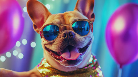 A cheerful dog wearing sunglasses poses playfully against a vibrant party backdrop. The colorful balloons and festive atmosphere create a joyful scene perfect for celebrations.の素材