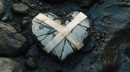 A broken heart-shaped rock tied with a ribbon rests on a wet riverbank among smooth stones, symbolizing emotion, repair, and the beauty of nature.の素材