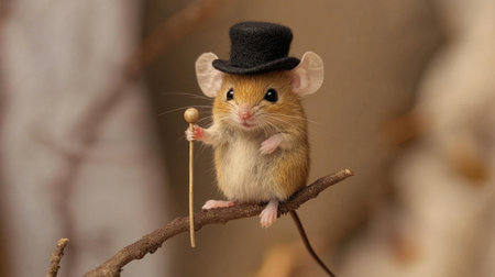 A charming tiny mouse dressed in a top hat and holding a cane stands on a branch, exuding elegance and personality in a whimsical outdoor setting.の素材
