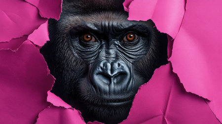 This striking image showcases a powerful gorilla face peering through vibrant pink torn paper. The close-up captures deep emotions and vibrant details.の素材