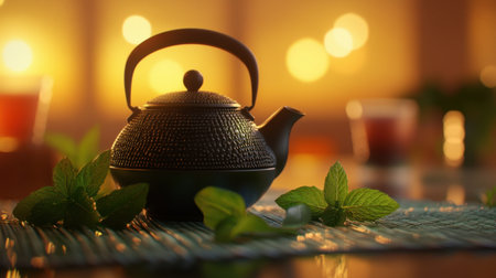A beautifully styled teapot surrounded by fresh mint leaves, set against a softly glowing background. Perfect for evoking a sense of warmth and serenity.の素材