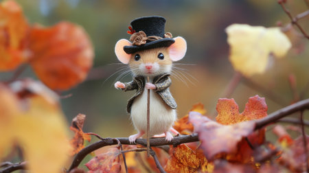A delightful mouse wears a top hat and a charming outfit while standing on a branch among vibrant autumn leaves, capturing the essence of whimsy in nature.の素材