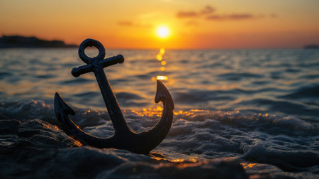 A tranquil sunset scene featuring an anchor resting on rocky shore with gentle waves. The golden hues reflect on the calm ocean, creating a peaceful atmosphere.の素材