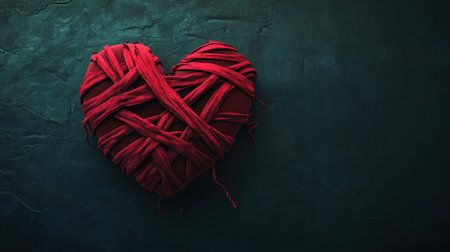 A heart made of intertwined red threads rests on a dark textured background, symbolizing love and creativity. This striking image conveys warmth and emotion beautifully.の素材