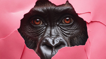 A striking close-up of a gorilla's face emerging from vibrant pink torn paper, showcasing intense eyes and detailed features, perfect for wildlife and nature themes.の素材