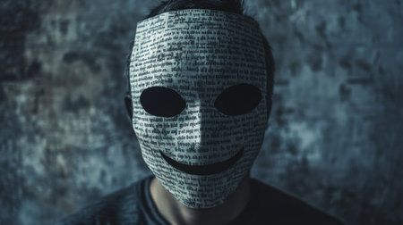 This captivating portrait features a person wearing a mask made of newspaper, evoking themes of anonymity and mystery. The dark backdrop enhances the emotional depth and visual intrigue.の素材