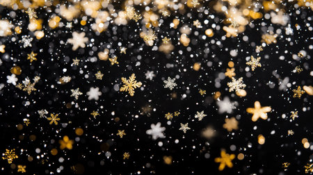 Discover a stunning image of golden and white snowflakes falling gracefully against a black background, evoking a magical winter wonderland perfect for holiday themes.の素材
