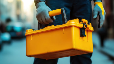 A worker holds a bright yellow toolbox while standing in an urban street. The vibrant color and design highlight its practicality for various repair and maintenance tasks.の素材