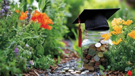 A vibrant graduation cap sits atop a jar filled with coins, surrounded by colorful flowers. This image symbolizes educational achievement, financial growth, and the journey toward a successful future.の素材
