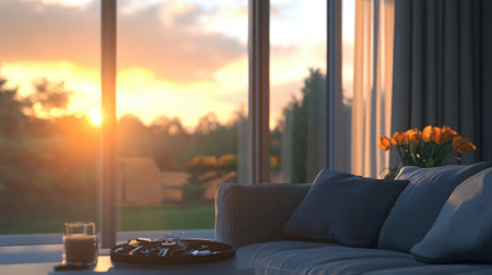 A cozy living room scene featuring a stunning sunset view through large glass windows. A table with orange flowers adds charm and vibrancy, enhancing the inviting atmosphere.の素材
