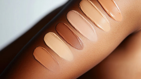 A close-up image showcasing a range of foundation swatches on an arm, illustrating diverse skin tones. This visual highlights the variety in cosmetic products suitable for every complexion.の素材