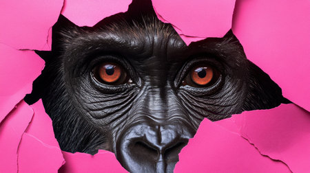 A striking close-up of a gorilla's face peeking through vibrant pink torn paper, showcasing intense gaze and detailed expression, perfect for wildlife enthusiasts and creative projects.の素材