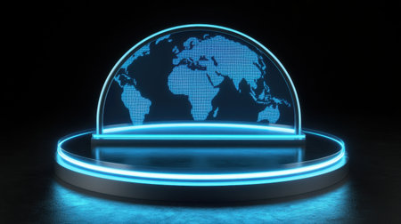 This image features a futuristic blue globe display on a circular stage set against a dark background, ideal for technology, travel, and presentation themes.の素材